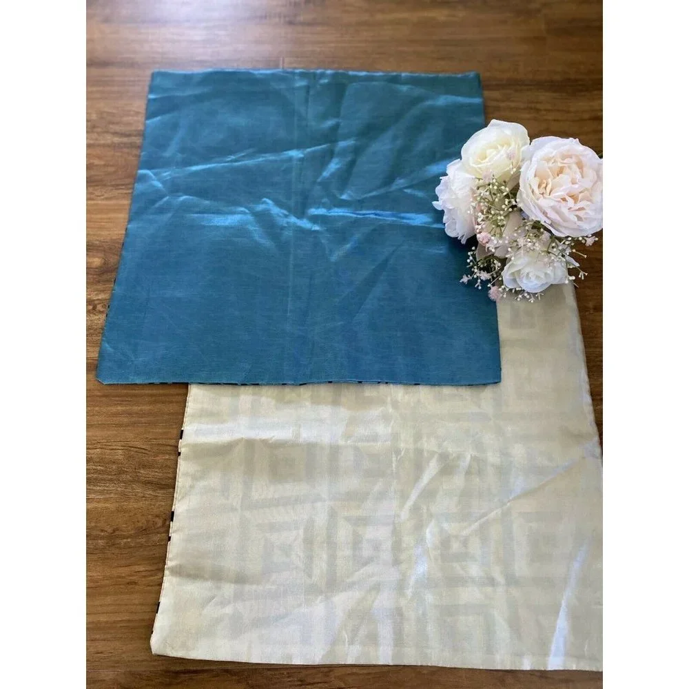 Vintage Set 2 Square Satiny Velvet‎ Detail Pillow Cases Blue Black Beige Zipper